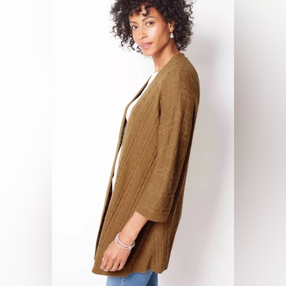 J.Jill Open Front Cable Knit Cardigan Long Sweater, 3/4 Sleeves, Honey Brown, M - Picture 12 of 15